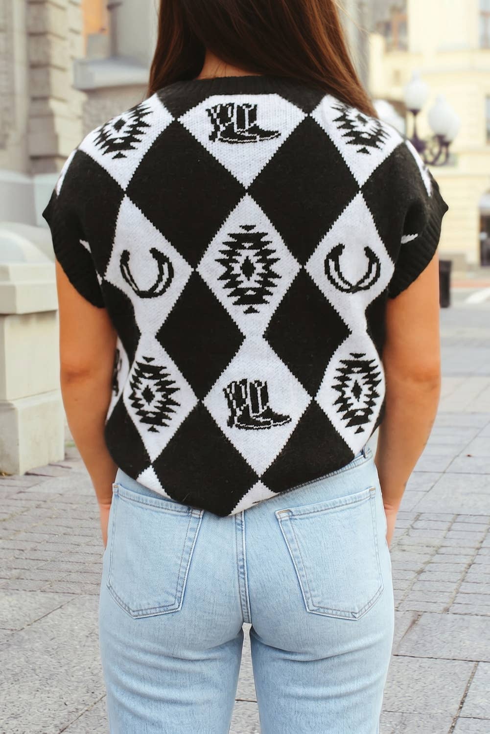 Western Rhombus Pattern Short Sleeve Knit Sweater