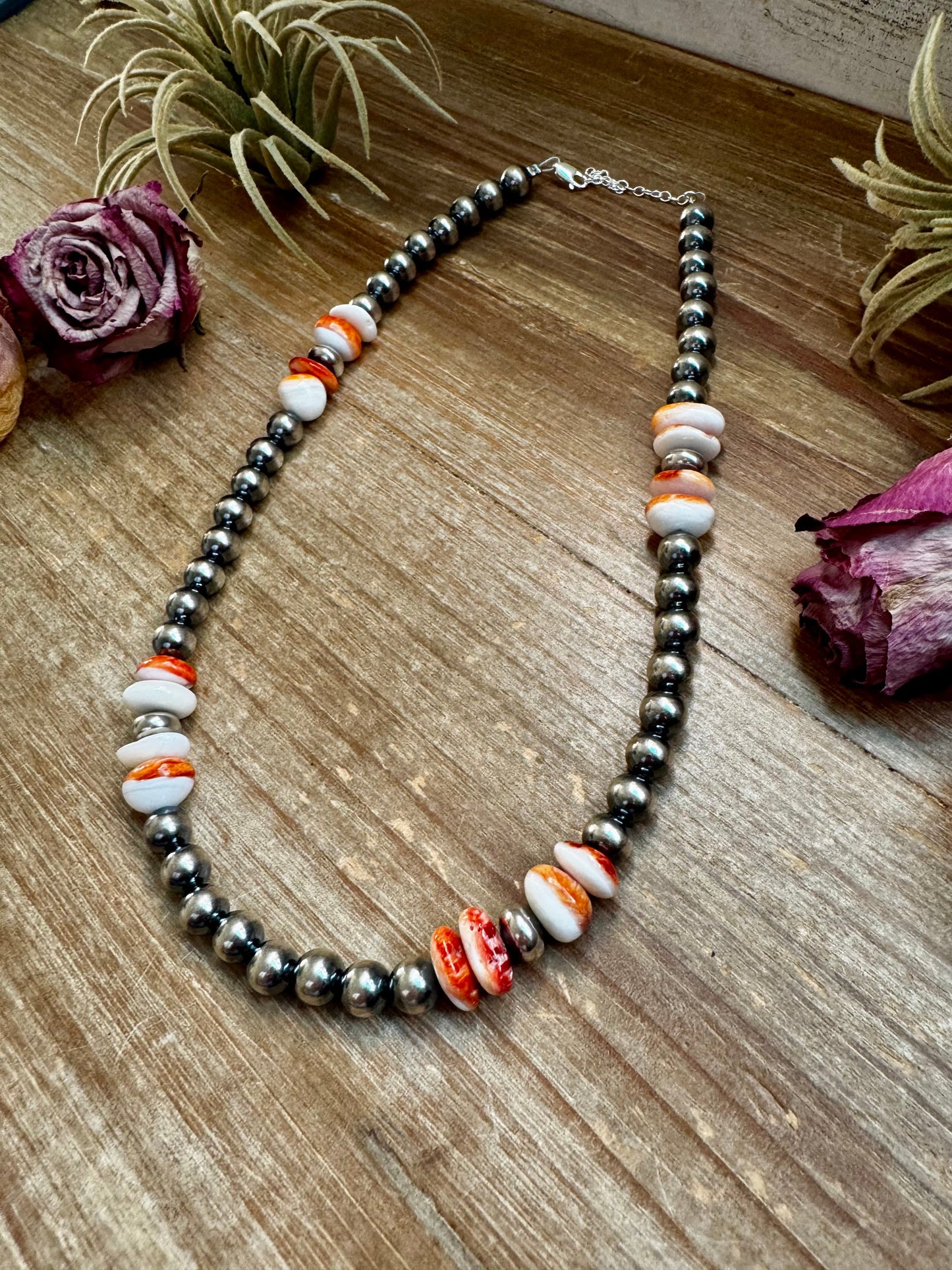 Spiny Oyster & Sterling Silver Pearl Necklace – 8mm – Handmade by The Bijoux FAB – 17.5"