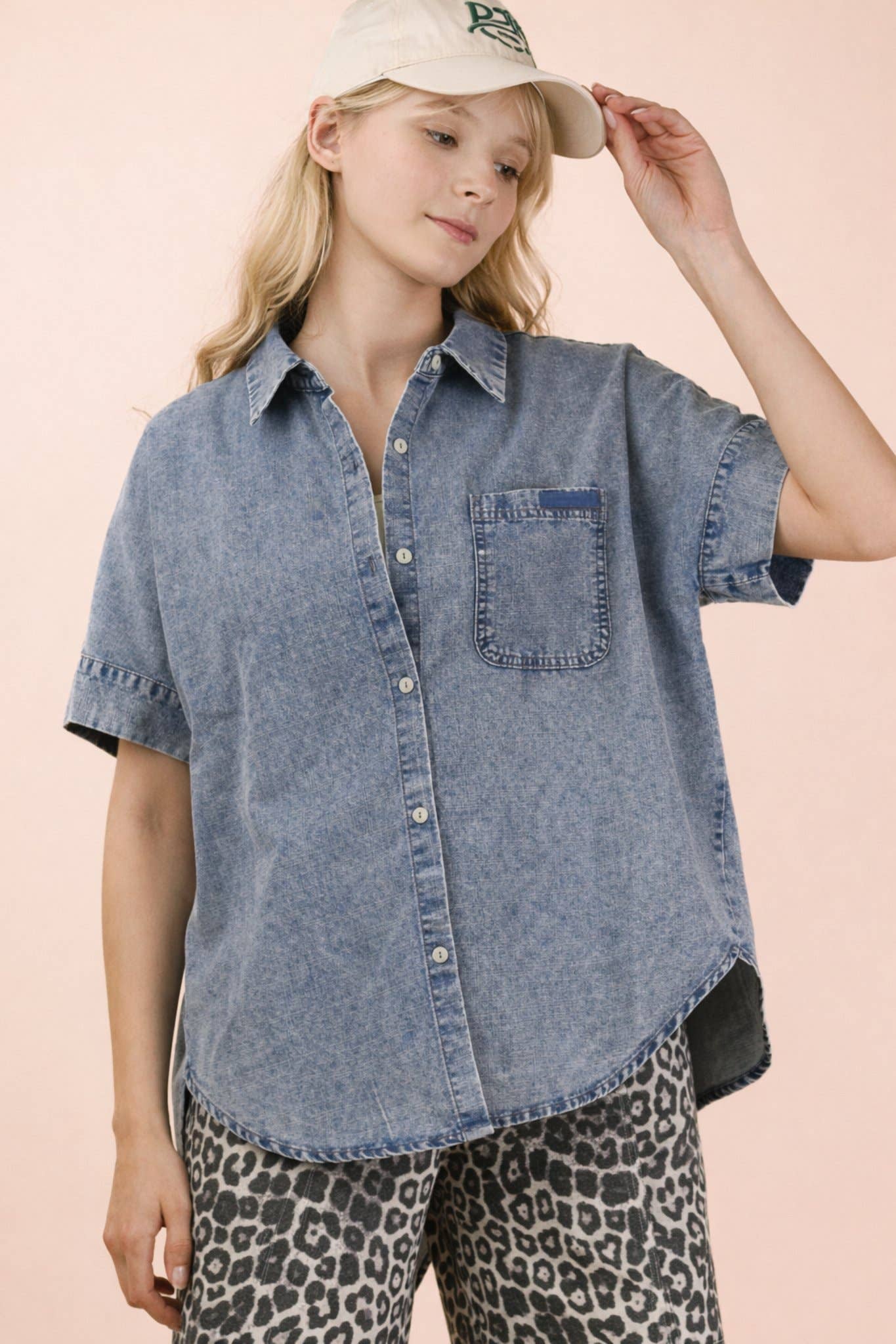 Mineral Washed Chambray Oversized Shirt Top