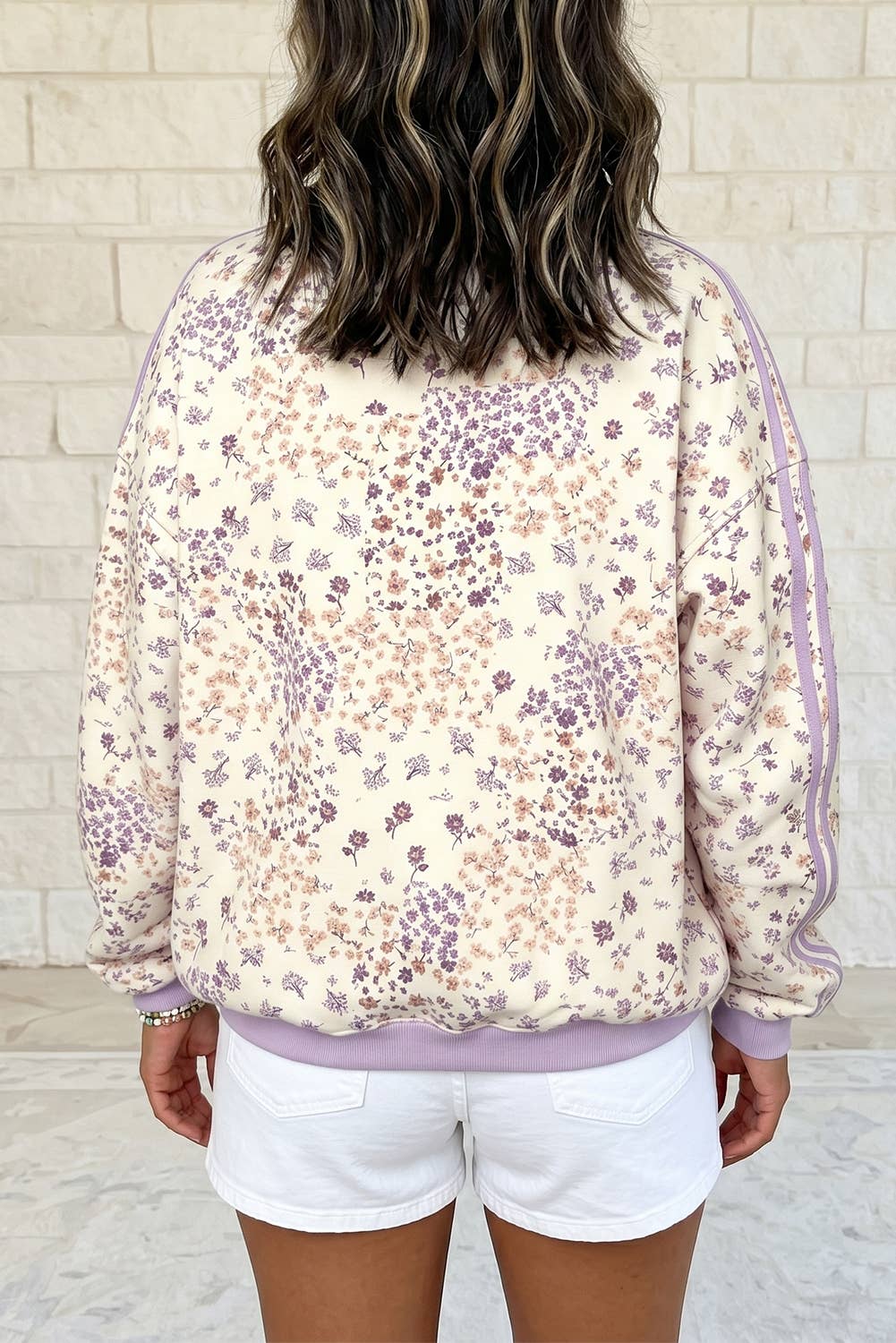 Floral Print Mock Neck Colorblock Sleeve Paneling Sweatshirt