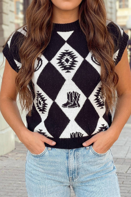 Western Rhombus Pattern Short Sleeve Knit Sweater