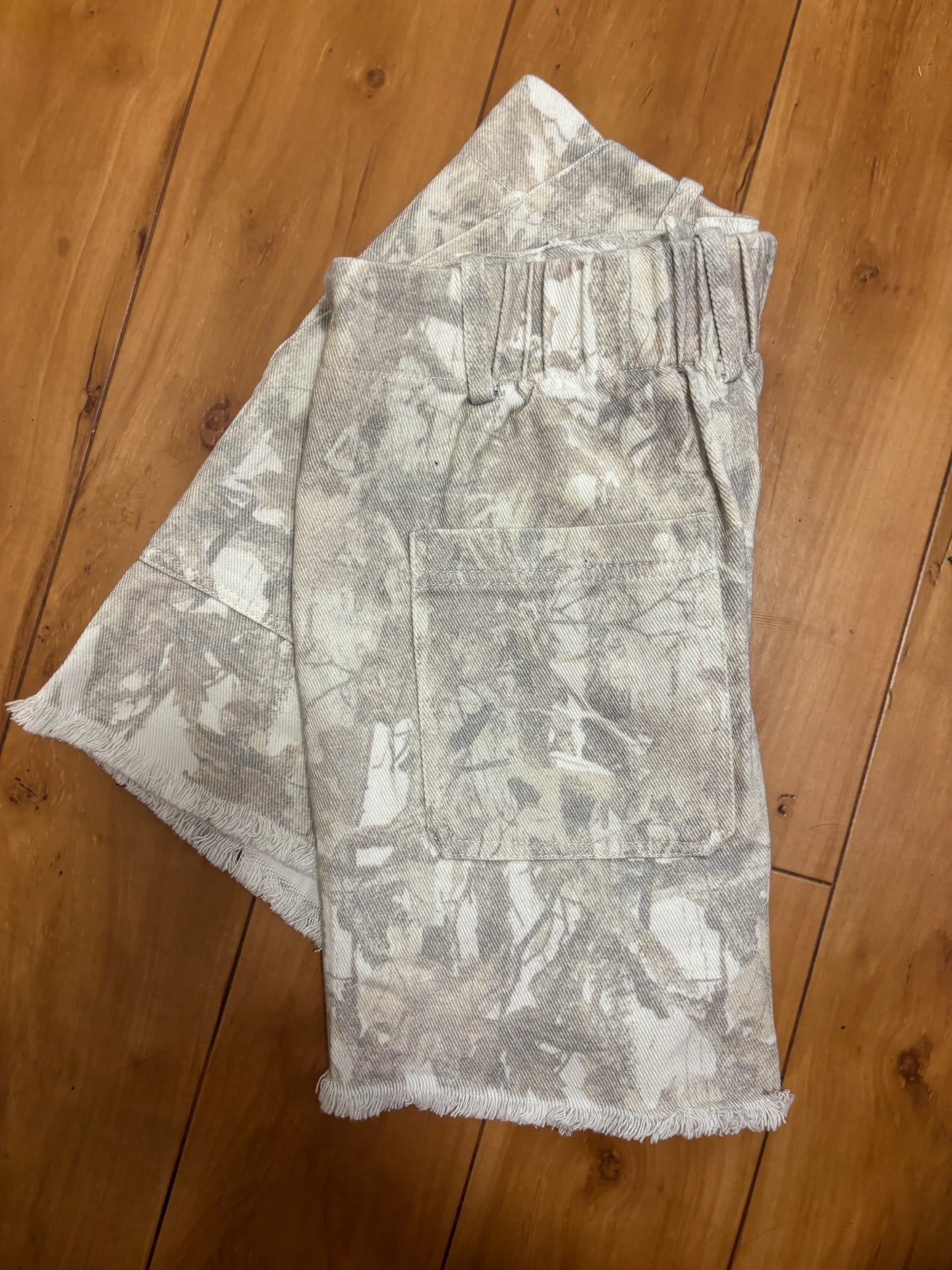 Distressed Light Wash Camo Shorts