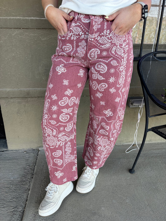 Paisley Print Barrel Jeans