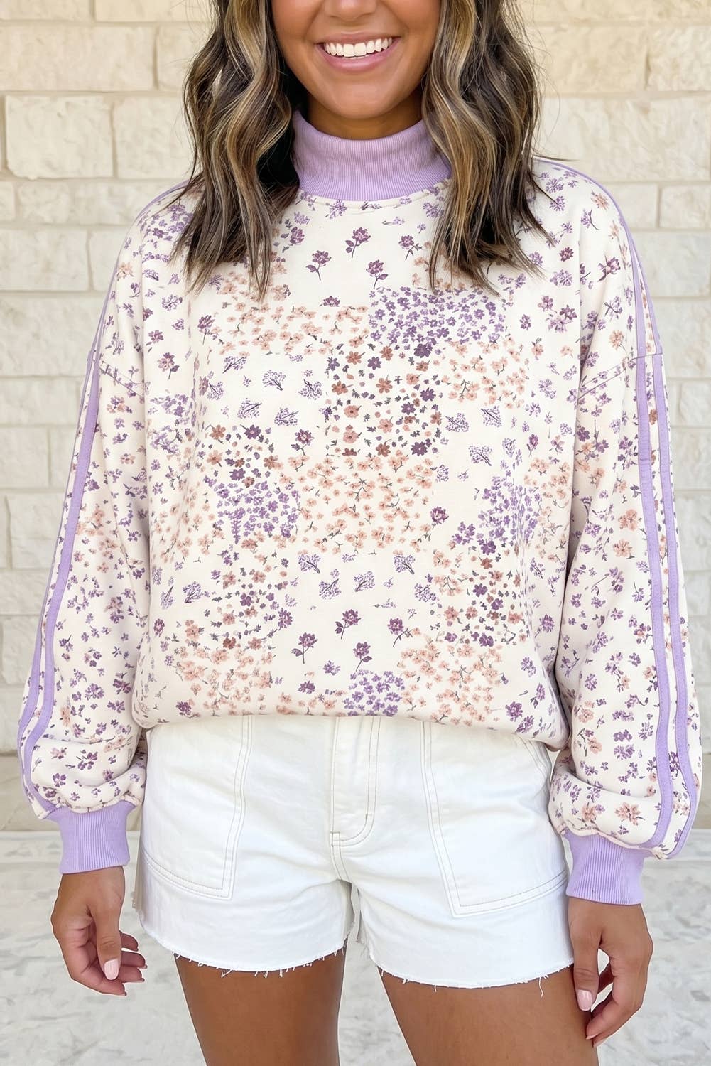 Floral Print Mock Neck Colorblock Sleeve Paneling Sweatshirt