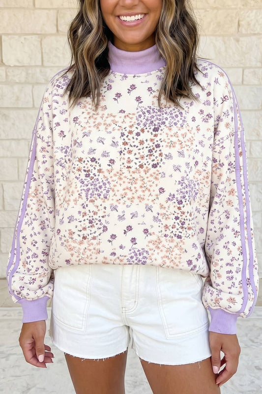 Floral Print Mock Neck Colorblock Sleeve Paneling Sweatshirt