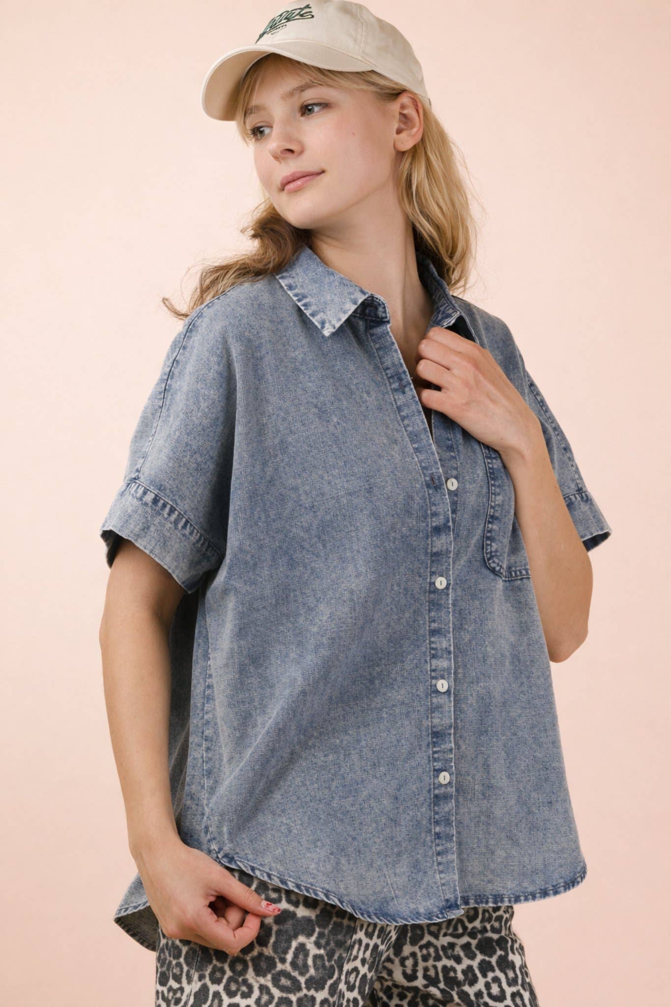 Mineral Washed Chambray Oversized Shirt Top