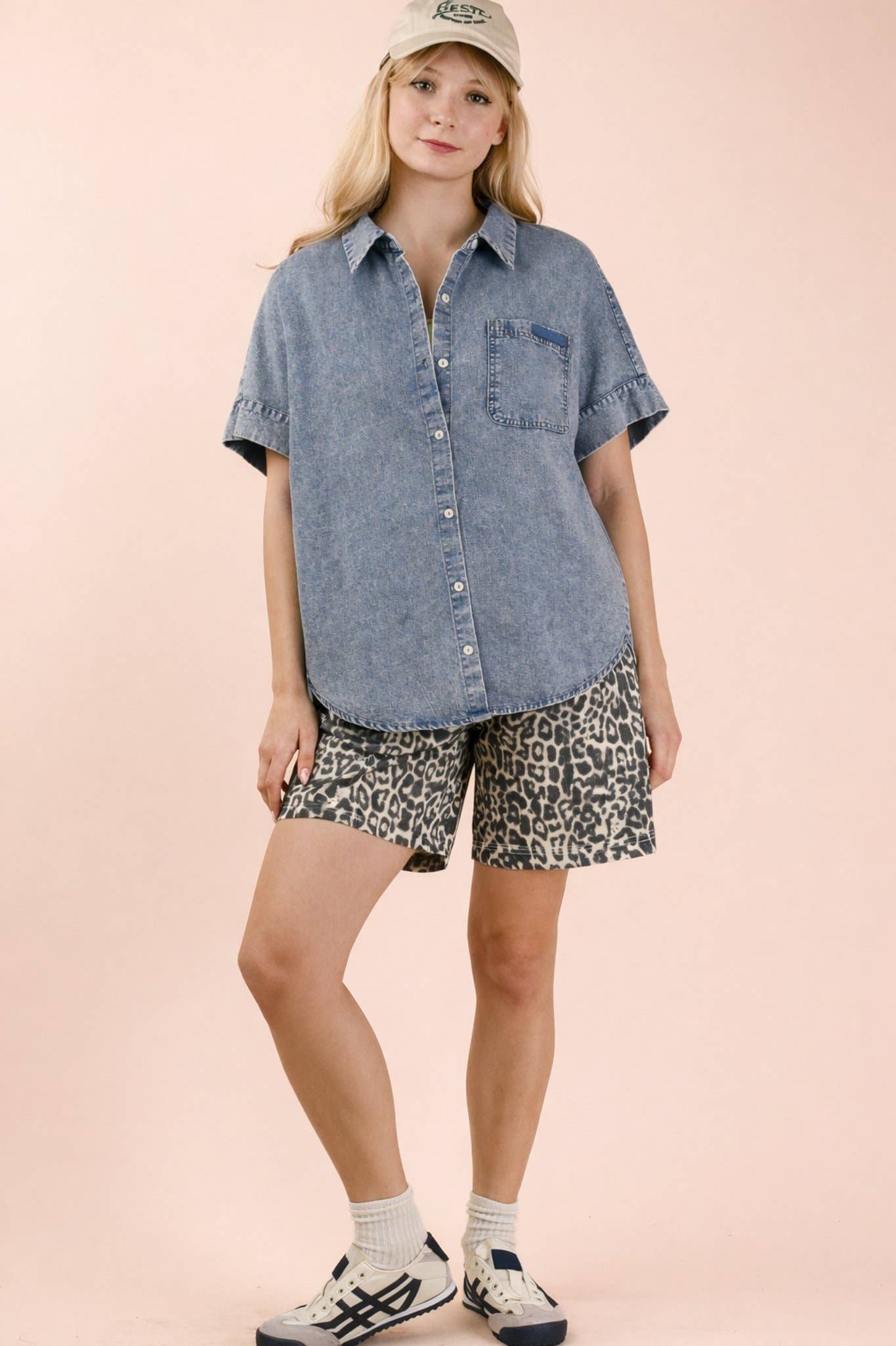 Mineral Washed Chambray Oversized Shirt Top